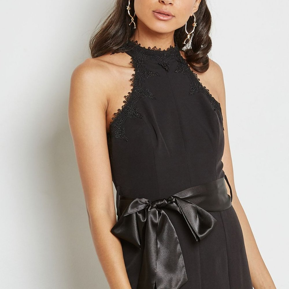 Lumiere Black Lace-Trim Halter Midi Dress with Satin Waist Tie - Picture 3 of 4